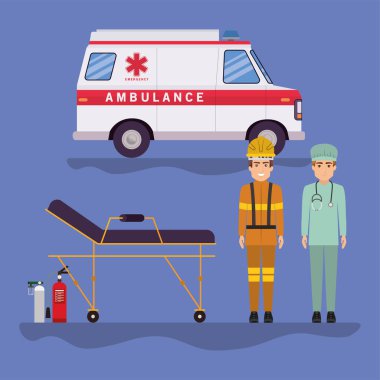 Ambulans sağlık görevlisi ve itfaiyeci vektör tasarımı