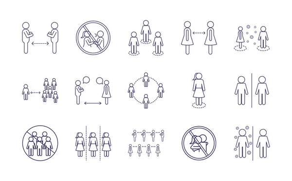 Diseño de vectores conjunto de iconos de estilo de línea de distanciamiento social — Vector de stock