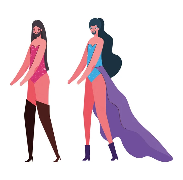 Travesti hombres dibujos animados con vestuario de diseño vectorial — Vector de stock