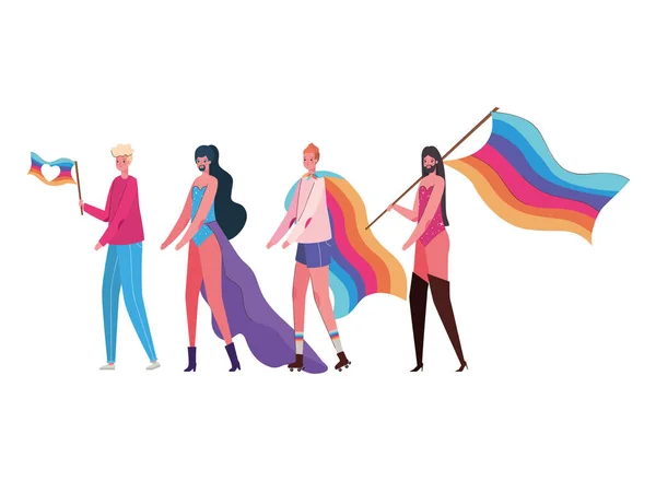 Desenhos animados de mulheres e homens com trajes e bandeiras lgtbi design vetorial — Vetor de Stock