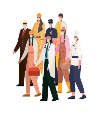 Maske vektör tasarımlı erkek ve kadın işçiler