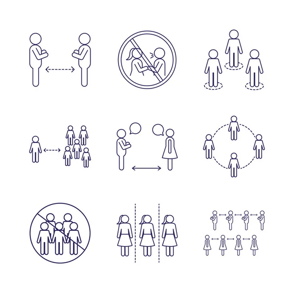Diseño de vectores conjunto de iconos de estilo de línea de distanciamiento social — Vector de stock