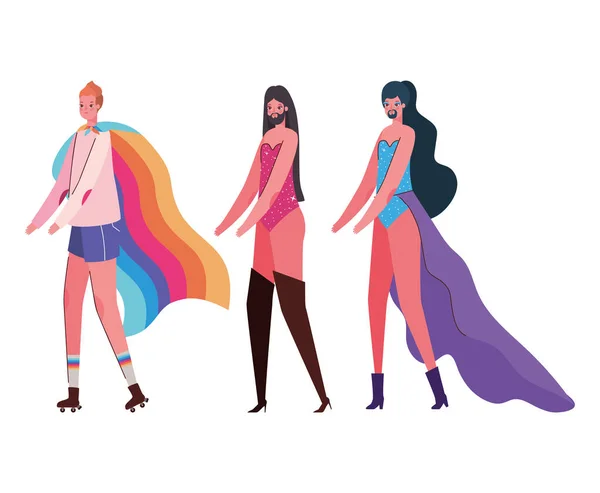 Dibujos animados de mujeres y hombres con trajes y diseño de vectores de bandera lgtbi — Vector de stock