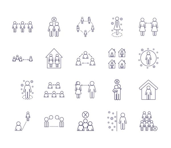 Diseño de vectores conjunto de iconos de estilo de línea de distanciamiento social — Vector de stock