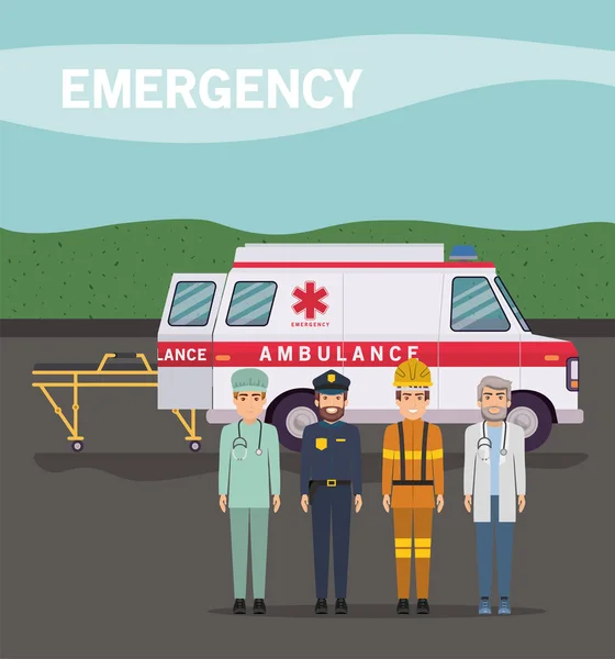 Ambulans sağlık görevlisi itfaiyeci ve doktor vektör tasarımı — Stok Vektör