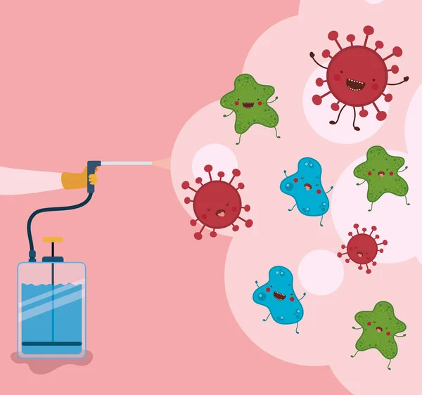 Garrafa limpa antibacteriana spray e fumaça com design de vetor de vírus covid 19 — Vetor de Stock