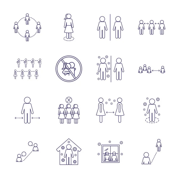 Diseño de vectores conjunto de iconos de estilo de línea de distanciamiento social — Vector de stock