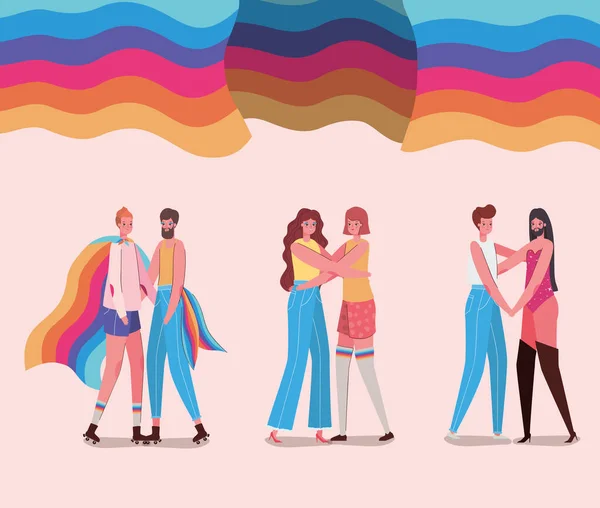 Dibujos animados de mujeres y hombres con trajes y banderas lgtbi diseño de vectores — Vector de stock