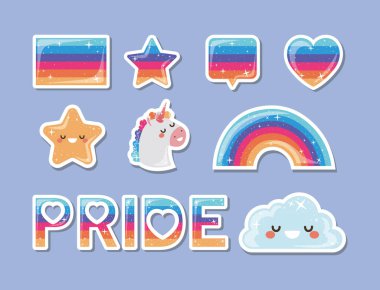 lgtbi kabarcık kalp yıldız gökkuşağı bulutu ve tek boynuzlu at vektör tasarımı