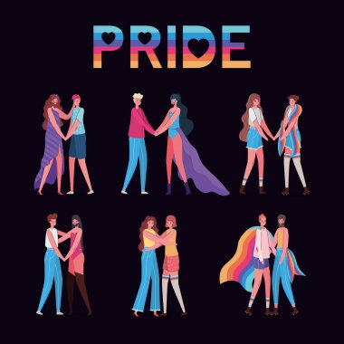 Kadınlar ve erkekler kostümlü çizgi film ve lgtbi gurur metin tasarımı