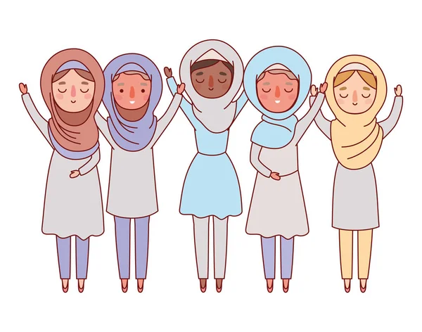 Las mujeres musulmanas dibujos animados con diseño de vectores de tela tradicional — Vector de stock