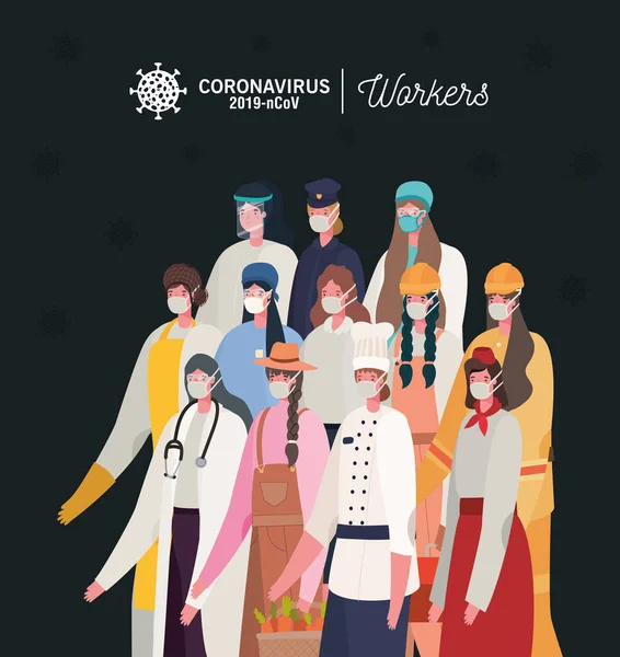 Жінки-робітниці з уніформою та масками Векторний дизайн — стоковий вектор