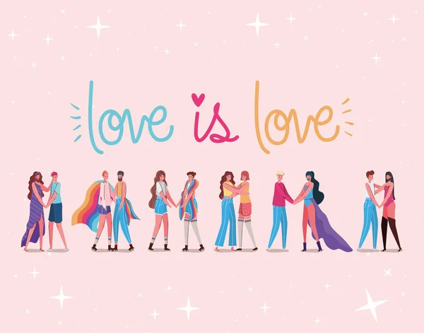 Les femmes et les hommes dessins animés et lgtbi amour est amour conception vectorielle de texte — Image vectorielle