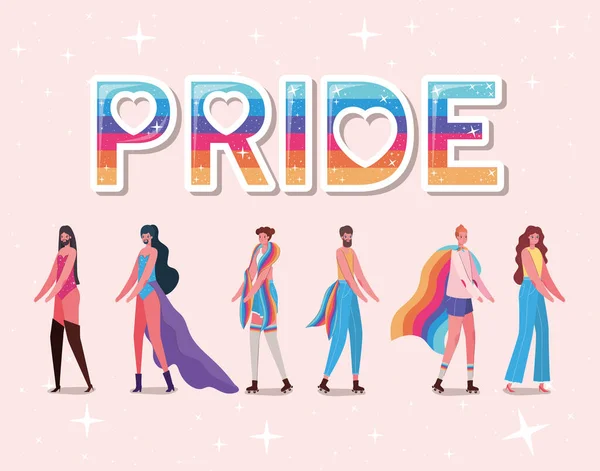 Women and men cartoons with costumes and lgtbi pride text vector design — Stock Vector