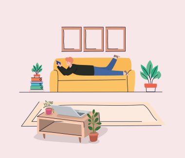 Kanepe vektör tasarımında akıllı telefonu olan adam.