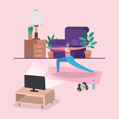 Kadın bilgisayar vektör tasarımının önünde yoga yapıyor.