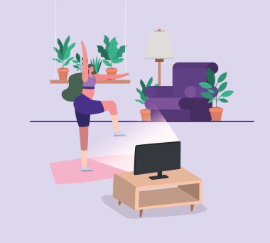 Kadın bilgisayar vektör tasarımının önünde yoga yapıyor.