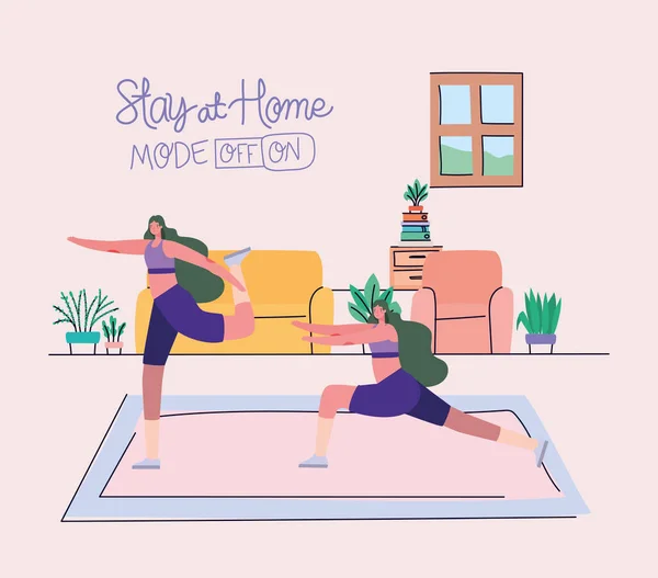 Mulheres fazendo ioga em casa design vetorial — Vetor de Stock