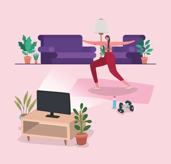 Femme faisant du yoga sur tapis devant la conception vectorielle de l'ordinateur — Image vectorielle