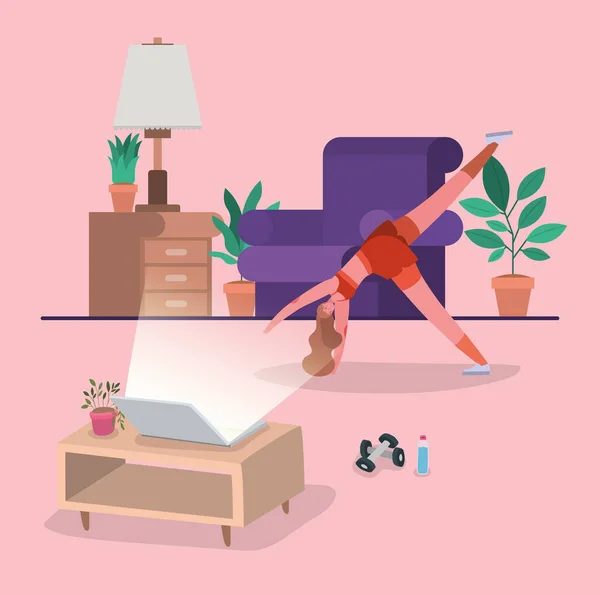 Femme faisant du yoga devant le design vectoriel de l'ordinateur portable — Image vectorielle