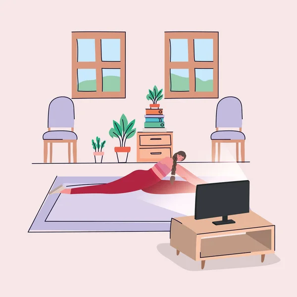 Mujer haciendo deporte en frente de diseño de vectores de ordenador — Vector de stock