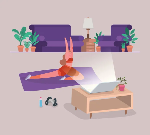 Femme faisant du yoga sur tapis devant le design vectoriel de l'ordinateur portable — Image vectorielle