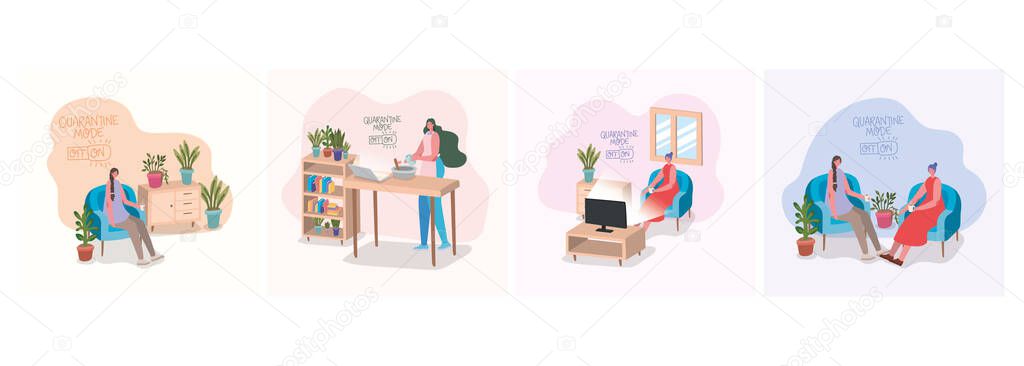 Woman doing activities at home vector design