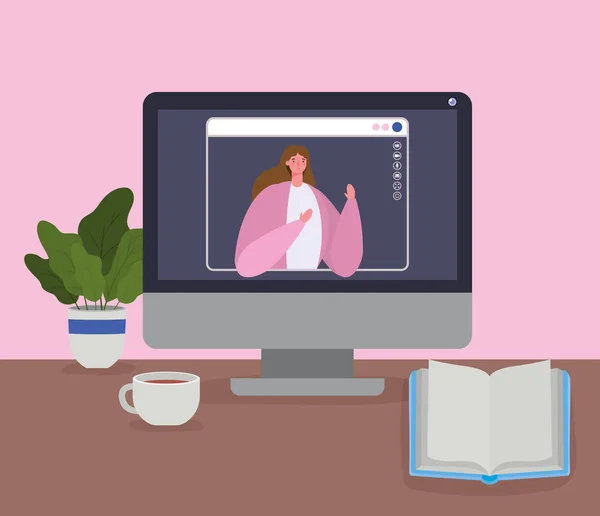 Mulher avatar no computador em vídeo chat vetor design — Vetor de Stock