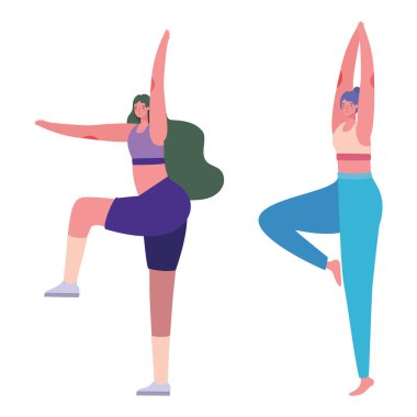 Spor kıyafetli kadınlar yoga vektör tasarımı yapıyor.