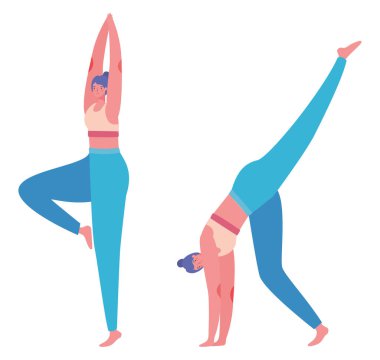 Spor kıyafetli kadınlar yoga vektör tasarımı yapıyor.