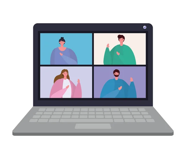 Pessoas avatares no laptop em vídeo chat conferência vetor design — Vetor de Stock
