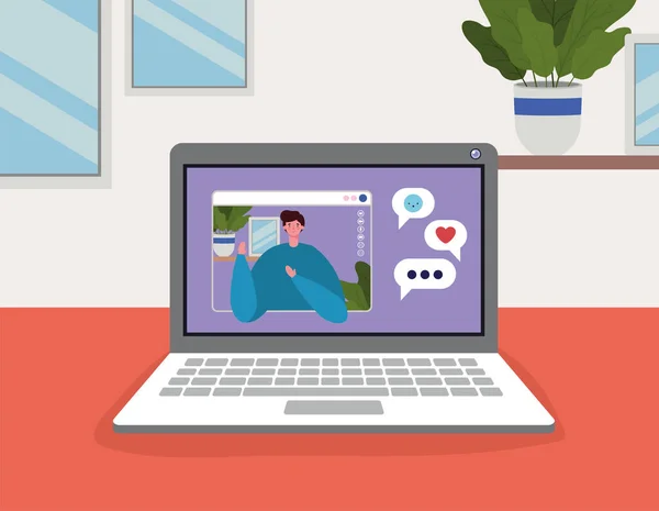 Homem avatar com bolhas no laptop em vídeo chat design vetorial — Vetor de Stock