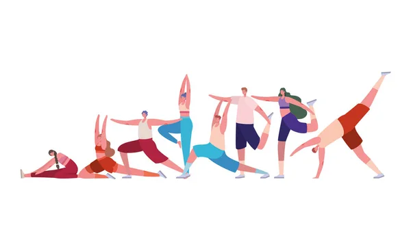 Hombres y mujeres con ropa deportiva haciendo yoga vector de diseño — Archivo Imágenes Vectoriales