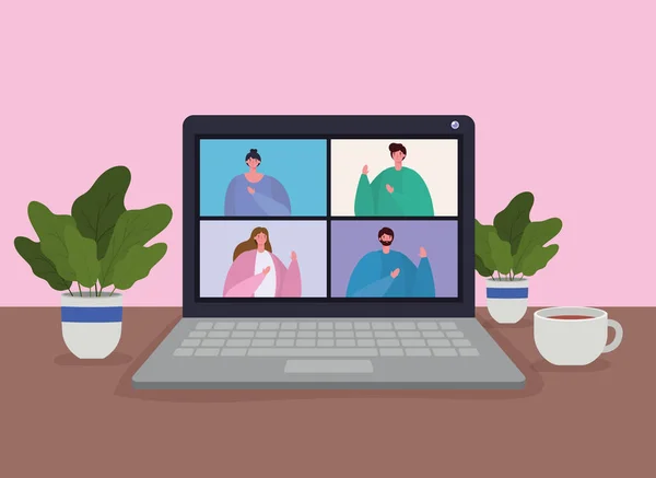 People on laptop in video conference vector design — Stock Vector