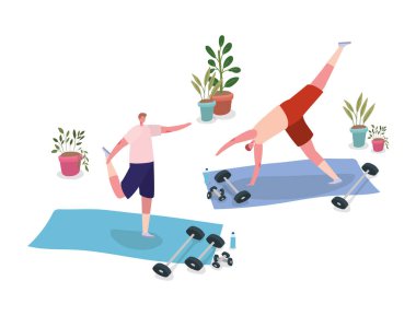 Spor kıyafetleri olan erkekler, paspas vektör tasarımında yoga yapıyorlar.