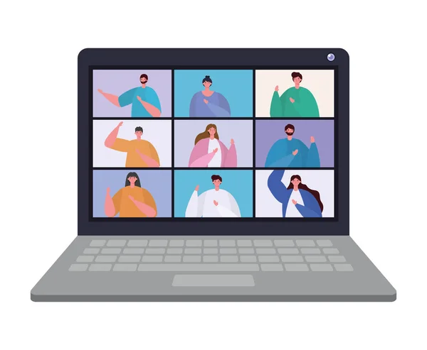 Pessoas avatares no laptop em vídeo chat conferência vetor design — Vetor de Stock