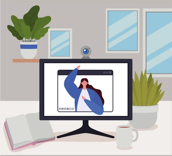Mulher avatar no computador em vídeo chat vetor design — Vetor de Stock