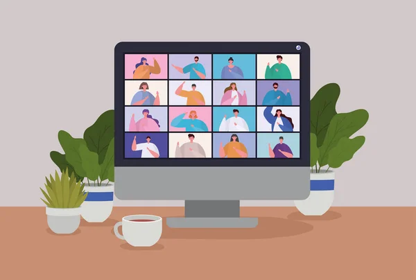 People on computer in video conference vector design — Stock Vector