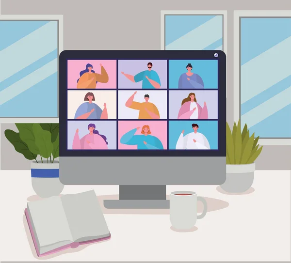 People on computer in video conference vector design — Stock Vector