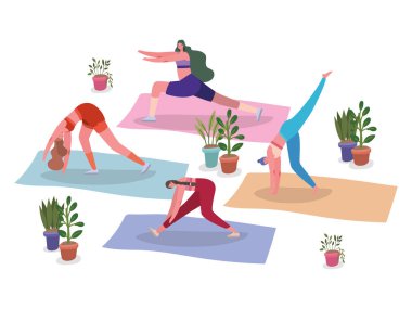 Spor kıyafetleri olan kadınlar, paspas vektör tasarımında yoga yapıyorlar.