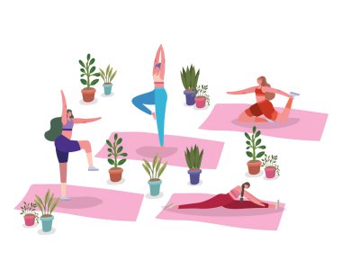 Spor kıyafetleri olan kadınlar, paspas vektör tasarımında yoga yapıyorlar.