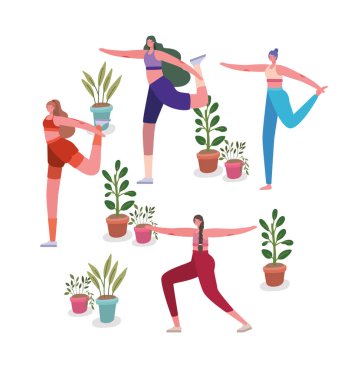 Spor kıyafetleri olan kadınlar tencere vektör tasarımının içindeki bitkilerle yoga yapıyorlar.