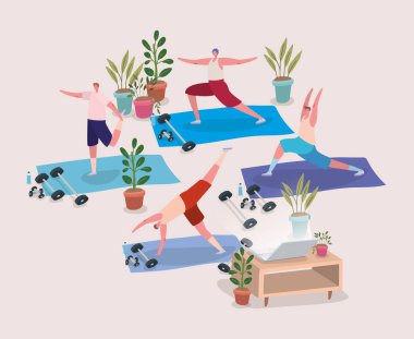 Erkekler laptopun önünde minderlerde yoga yapıyorlar.
