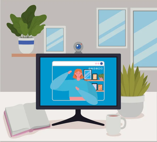 Avatar de femme sur ordinateur dans la conception vectorielle de chat vidéo — Image vectorielle