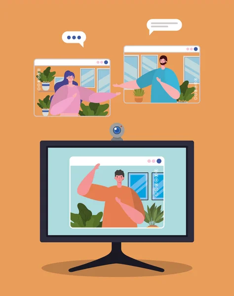 Mensen avatars op computer en websites in video chat vector ontwerp — Stockvector