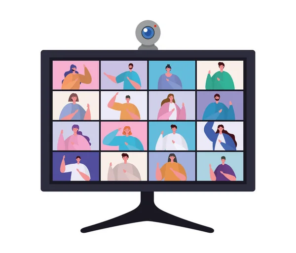 People avatars on computer in video chat conference vector design — Stock Vector