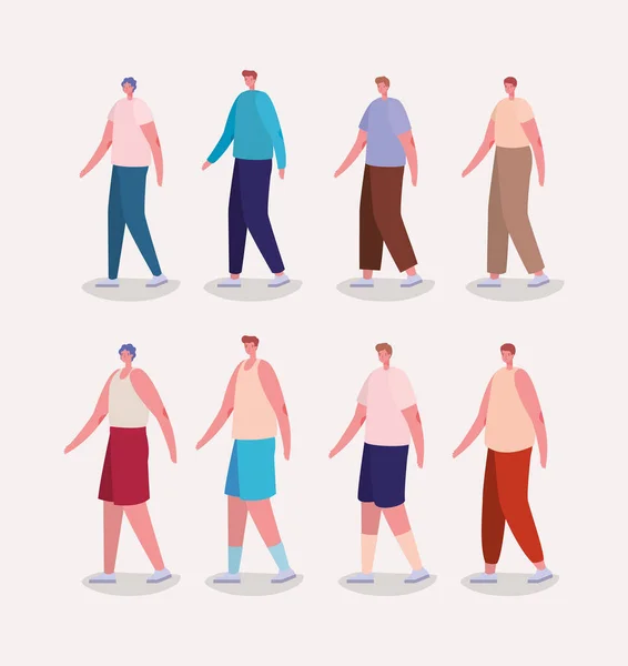 Hombres avatares con ropa deportiva y diseño de tela casual — Vector de stock