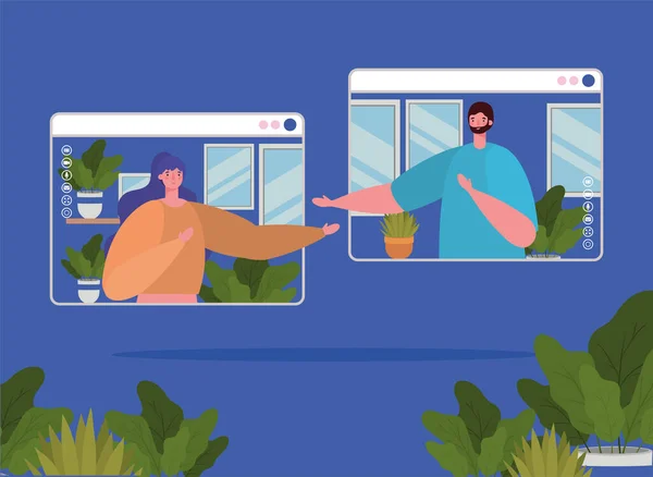 Femme et homme avatar sur les sites Web dans la conception vectorielle de chat vidéo — Image vectorielle