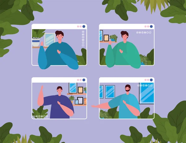 Homens avatares em websites em vídeo chat vector design — Vetor de Stock