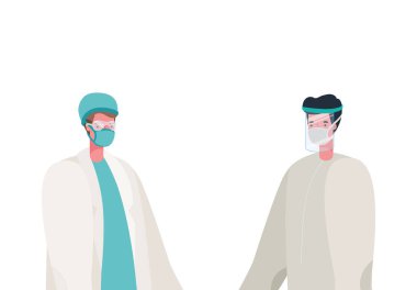 Koruyucu giysili ve maskeli doktorlar.